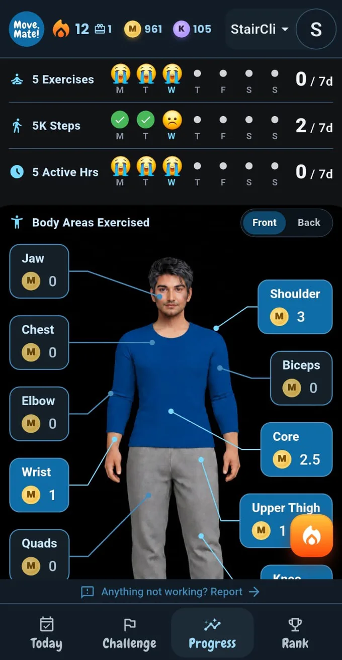 Progress page showing exercised body areas on the male front avatar
