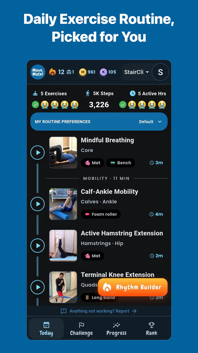 Today page with a personalized daily exercise routine