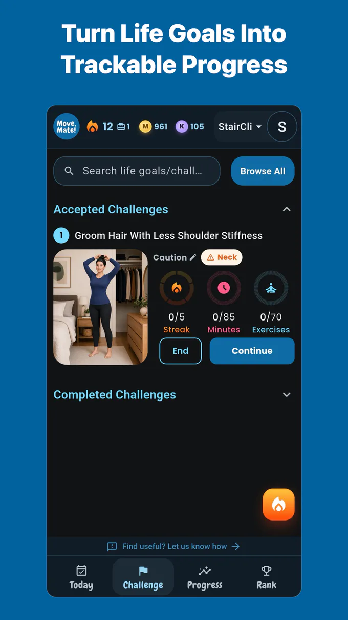 Challenges page showing streak, minutes, and exercise progress