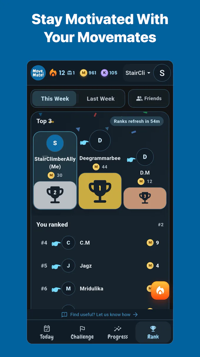Rank page showing the weekly friends leaderboard