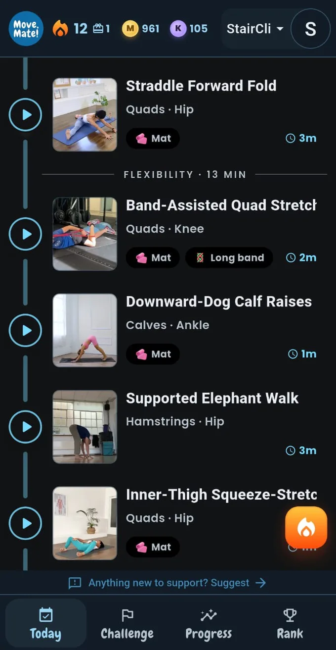 Today page with personalized flexibility exercises