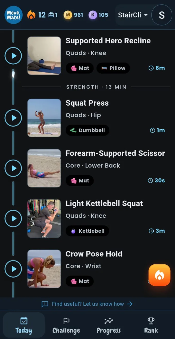 Today page with personalized strength exercises